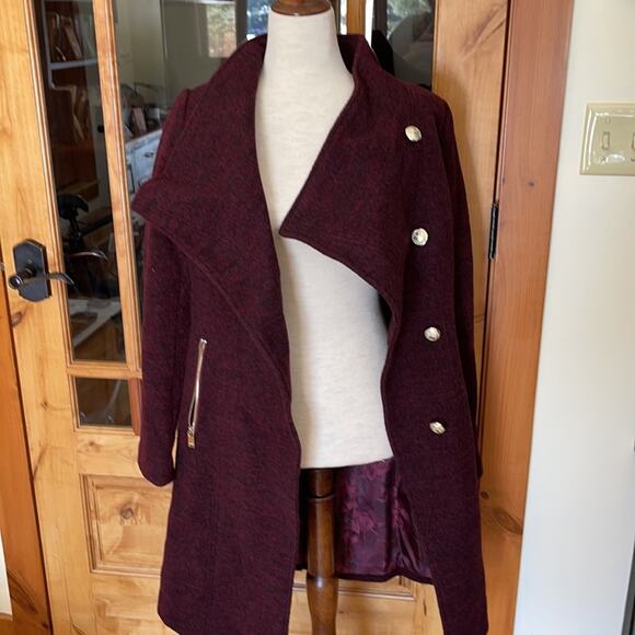 Wine Military Coat Gold Buttons Asymmetrical Foldover Collar Small NWT - Picture 14 of 14